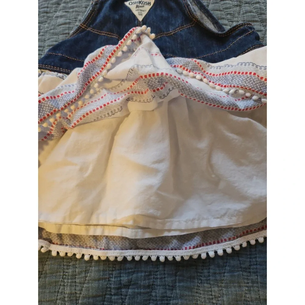 OshKosh B'gosh Kids Denim Overalls Dress Striped Skirt White Red Blue 18-24month